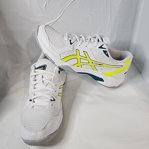 Asics Gel Rocket 10 White Blue Yellow Athletic Badminton Volleyball Shoes SZ 8.5